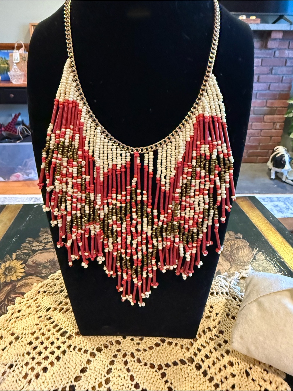 Bohemian Beaded Fringe Necklace - Red & Cream Statement Necklace